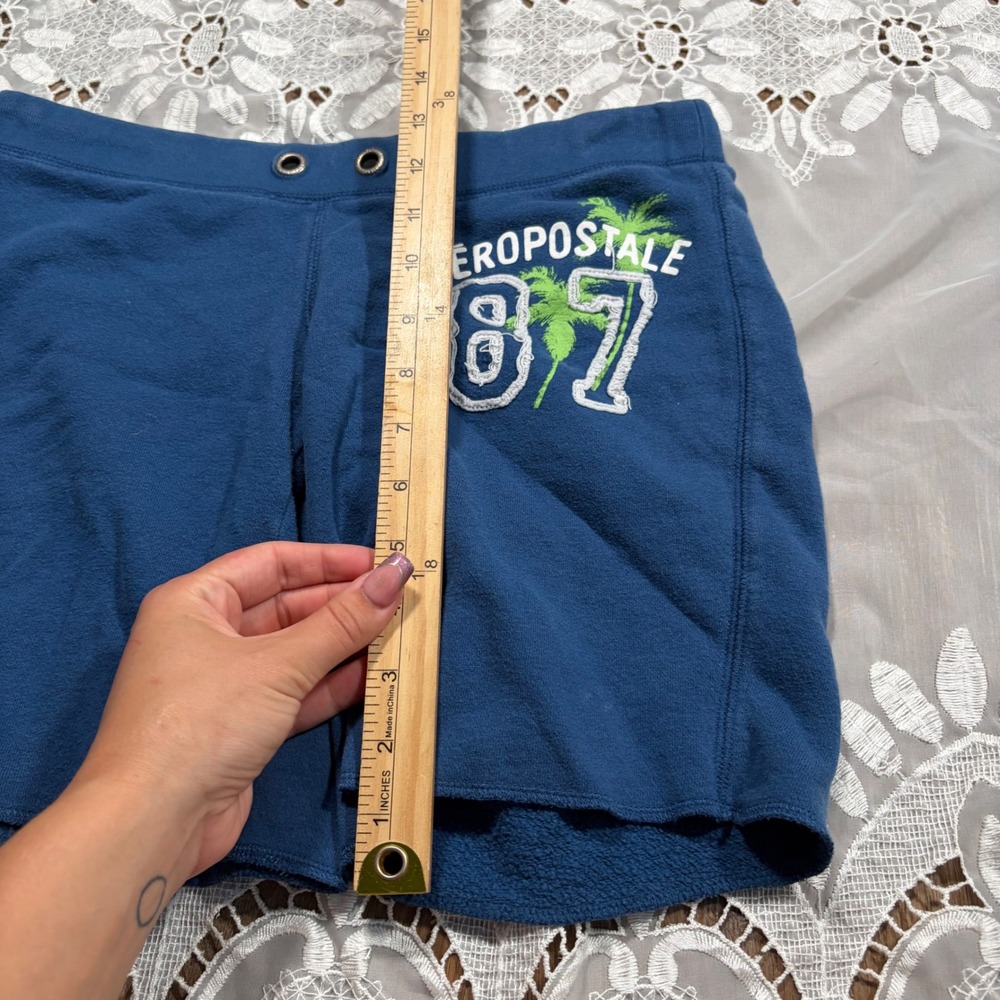 Y2K Aeropostale 87 Palm Tree Fleece Sweat Shorts Blue XS Raw Hem Collegiate - Picture 4 of 7